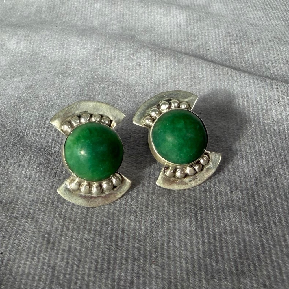 Vtg Mexico Silver Green Stone Cabochon Screw Back Earrings Mid Century Deco 11g